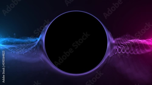 Neon colored blue and pink fractal light wave with floating particles and circle shaped copy space for logo. This abstract technology motion background animation is 4K and a seamless loop.