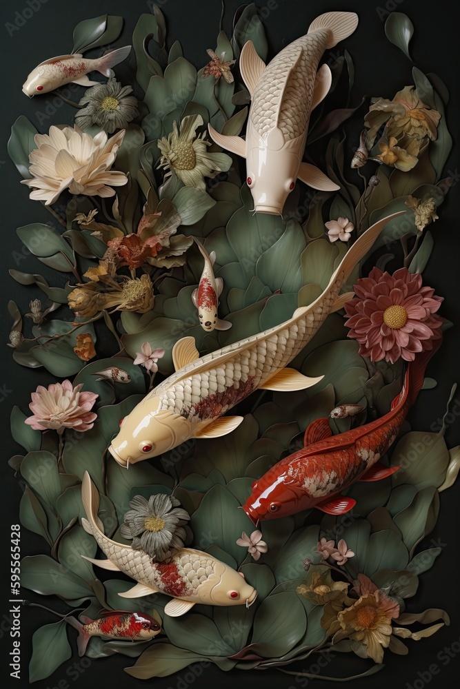 Naklejka premium A painting of koi fish surrounded by green leaves and flowers, light gold and crimson silver sculptures - generative ai