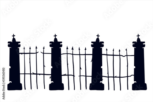 Old fence of cemetery. Halloween decoration. Black silhouette of gloomy wall. Flat illustration isolated on white