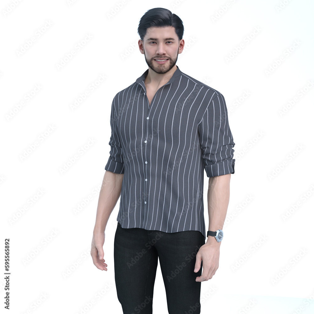 3d render : smiling young bearded man is standing with the isolated white background wearing grey shirt and jeans 3d render : smiling young bearded man is standing with the isolated white background wearing grey shirt and jeans
