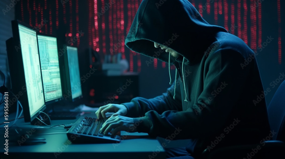 A hacker attempting to break into a computer system, a figure in a hoodie sitting in front of a computer screen with lines of code A hacker attempting to break into a computer system, a figure in a hoodie sitting in front of a computer screen with lines of code
