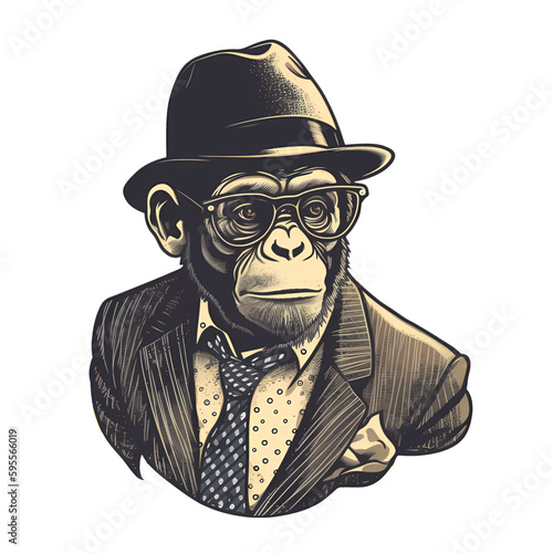 cartoon fashionable monkey wearing glasses suiy and tie illustration