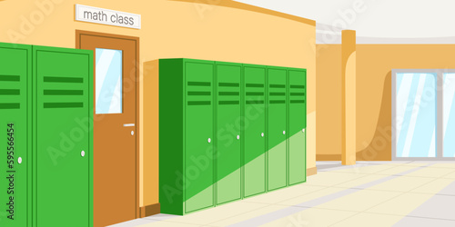Interior of a school with green color personal steel lockers. Mathematics classroom wooden door. Indoor furniture of college building. Poster or banner of back to school concept. Vector illustration