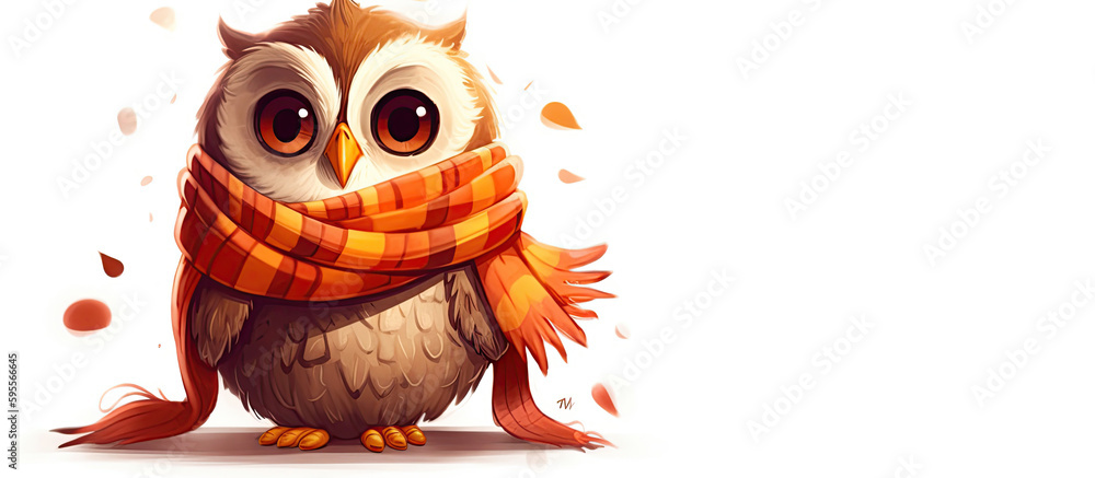 Cartoon character owl in a scarf, isolated in the background. Autumn leaves. Panoramic Generative AI illustration.