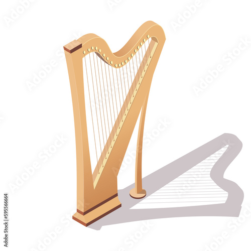 Music instrument classical harp isolated on white background. Isometric 3d element in vector design style for concert show, musical performance. Orchestra melody sound web button. Vector illustration