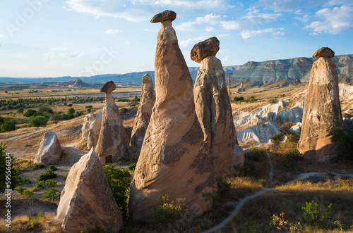 Fairy chimneys in Cappadocia, Mushroom like rock formations near Cavusin, Turkey incredible nature