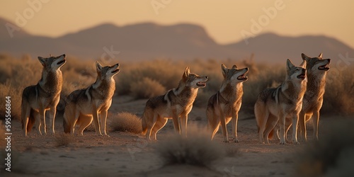 A pack of coyotes howling in the desert at dusk, concept of Wilderness communication, created with Generative AI technology