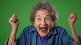 Closeup portrait of toothless elderly senior old woman with wrinkled skin and grey hair getting great happy with success winner isolated on green screen background. Emotions concept