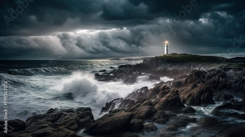 Lighthouse In Stormy Landscape - Leader And Vision Concept