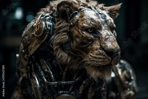 Lion wearing robot suit represents future animal evolution with advanced technology. Generative AI