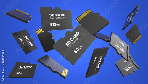 SD Card Storage splashed down and isolated on blue background. 3d renders. 3d backgrounds