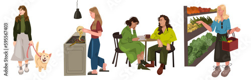 Young woman with shopping bag in market. Couple have a breakfast in cafe. People love morning. Girl walking with dog every day routine life concept. Girl cooking omelet. Colorful Vector illustration