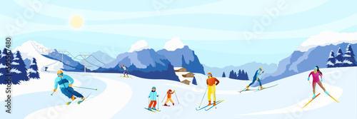 Winter mountain landscape with many different skiers. Family with kids sliding on skis in Alps. Blue sky, peaks of rocks on background. Winter sport activities at ski resort. Flat Vector illustration