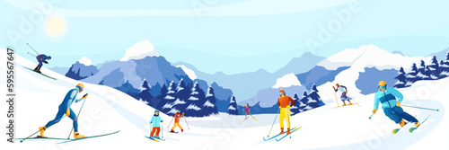 Winter mountain landscape with many different skiers. Family with kids sliding on skis in Alps. Blue sky, peaks of rocks on background. Winter sport activities at ski resort. Flat Vector illustration