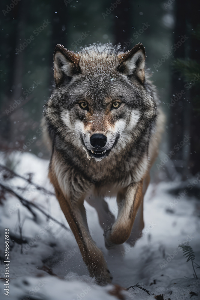 Gray wolf in a snowy forest. Wild animal aggressively running towards the camera generate ai