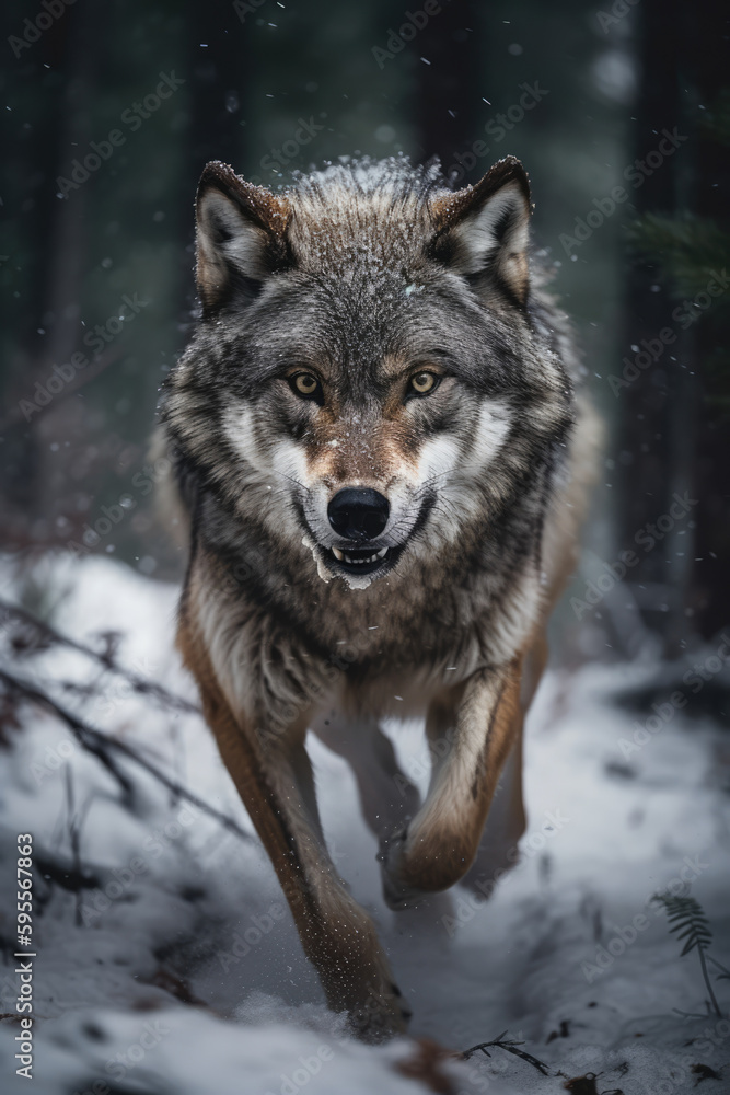 Gray wolf in a snowy forest. Wild animal aggressively running towards the camera generate ai Gray wolf in a snowy forest. Wild animal aggressively running towards the camera generate ai