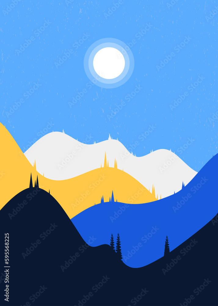 Beautiful landscape. Flat style. Colorful hills and mountains scenery background design. Vector hill illustration. Suitable for landing pages, web, wall painting and posters.