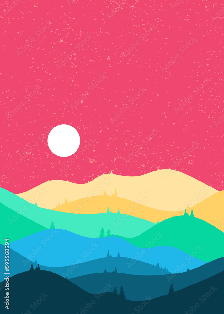 Beautiful landscape. Flat style. Colorful hills and mountains scenery background design. Vector illustration. Suitable for landing pages, web, wall painting and posters.