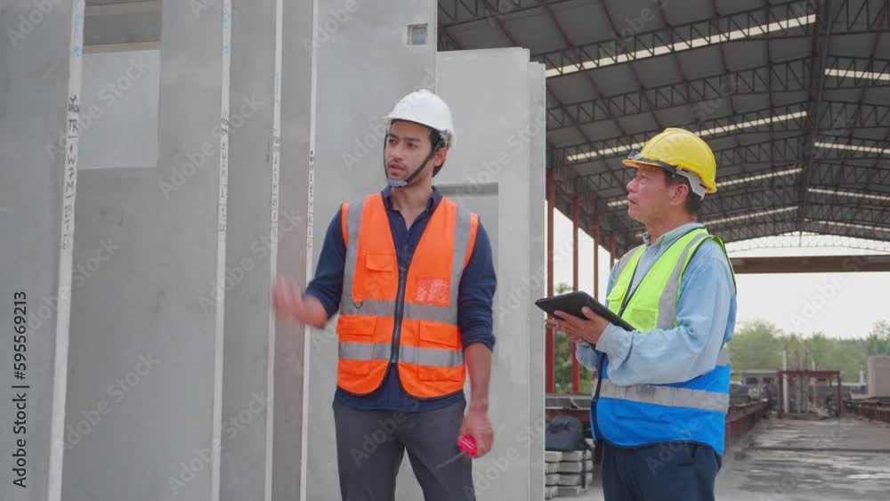 Group team foreman and worker talking and examining produce precast walls while looking digital tablet in factory industrial, manager and labor check quality of cement wall, industry concept. Group team foreman and worker talking and examining produce precast walls while looking digital tablet in factory industrial, manager and labor check quality of cement wall, industry concept.