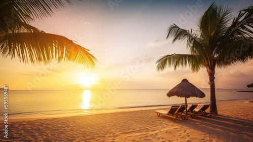 Beautiful sunrise over the tropical beach; paradise summer vacation; tropical bungalow sun loungers