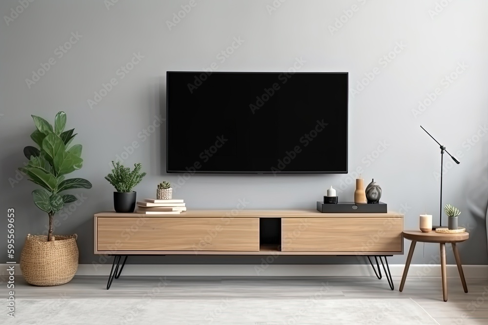 Television put on tv stand wood table, in minimal empty spave room