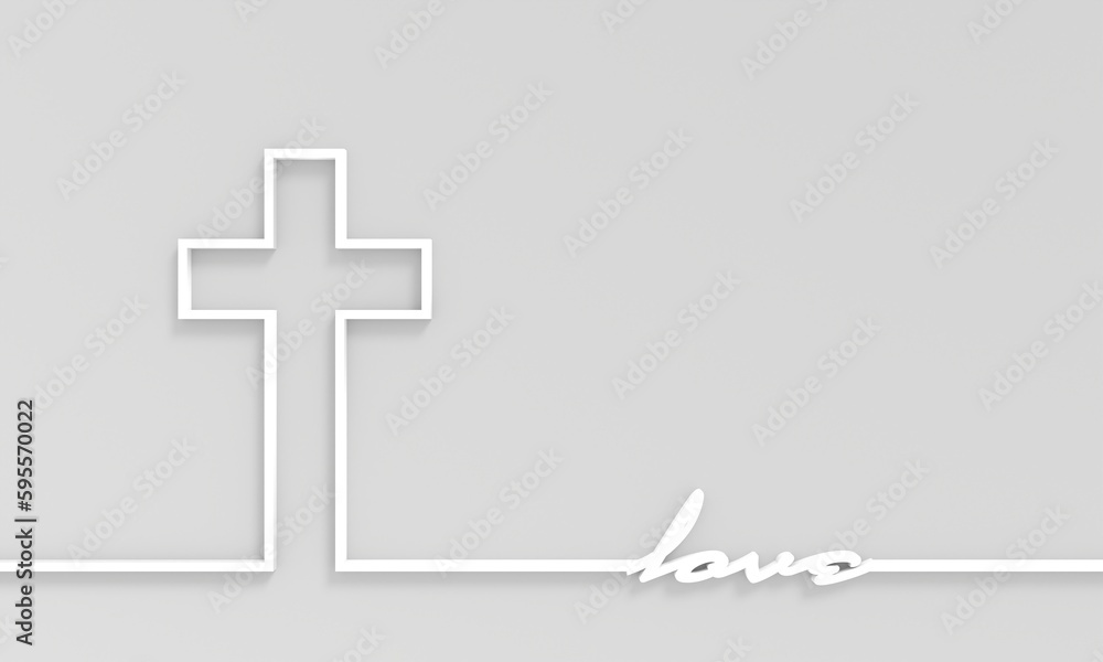 Obraz premium Christianity concept illustration. Cross and love word. Thin line style. 3D render
