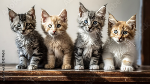 Cute funny kittens sit in row and pose looking at camera. Generative AI. High quality illustration