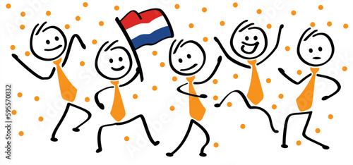 Business stickman waving withe the netherlands flag, traditional festival on april. Holland, King's Day or Queen's Day. Stick figures with orange necktie and clothing. Vector dutch party sign. Orange