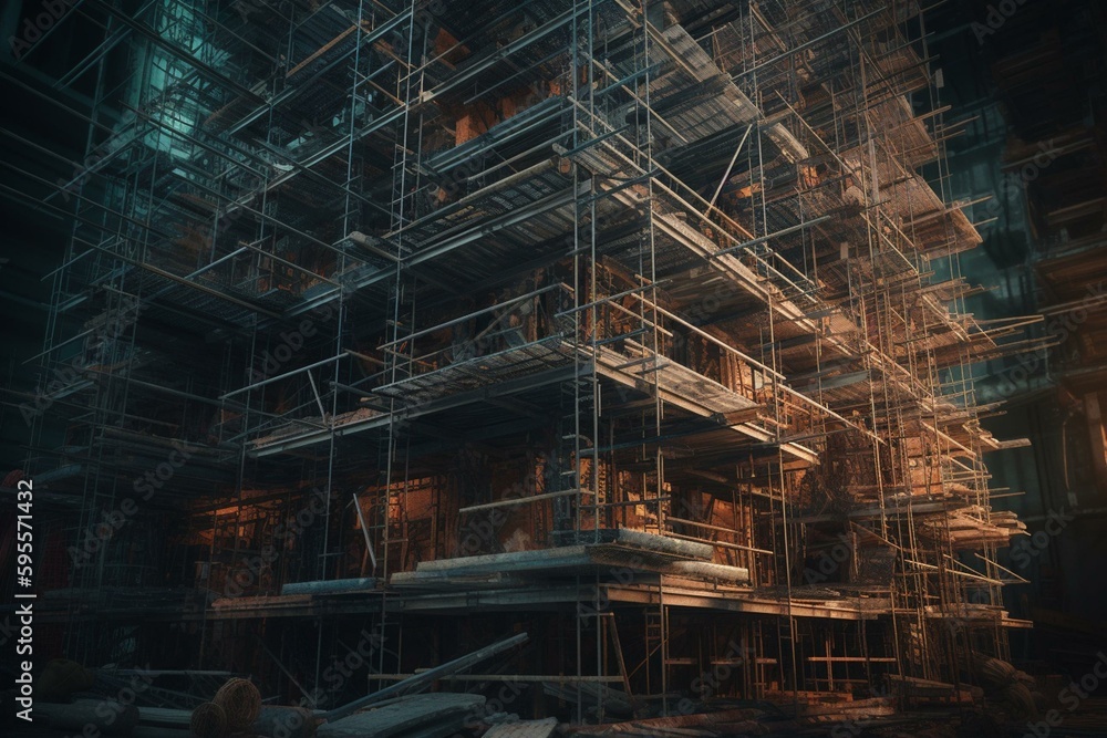 Digital composite of scaffolding. Generative AI