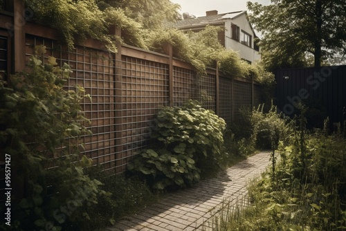 Solar panels used as garden fence and privacy screen on a street in Langenfeld. Generative AI