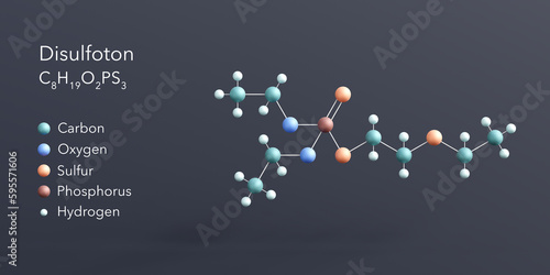 disulfoton molecule 3d rendering, flat molecular structure with chemical formula and atoms color coding