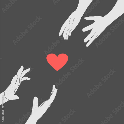 Human hands reaching out to one another, almost touching. Help and love concept. Heart icon between hands
