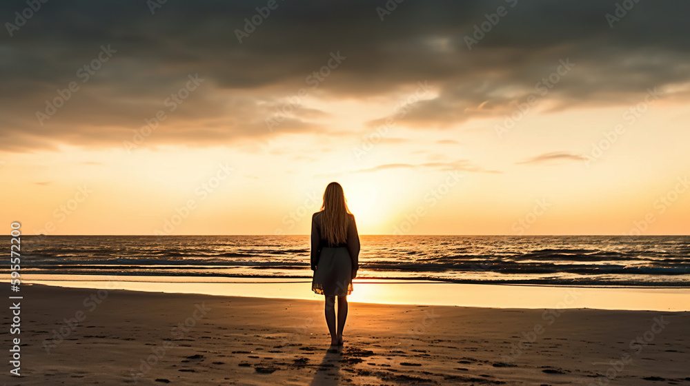 Fototapeta premium Silhouette of Young Woman Walking Alone on a Beach at Sunset, Generative AI