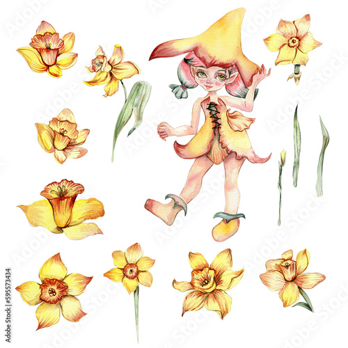 Narcissus, watercolor flower set with fary girl. Hand drawn illustration. Summer yellow garden. Designf for baby shower party, birthday, cake, holiday celebration design, greetings card, invitation. photo