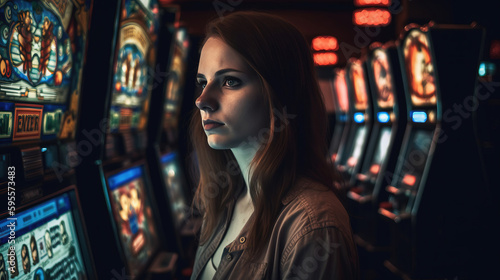 Woman playing casino slots. generative AI 