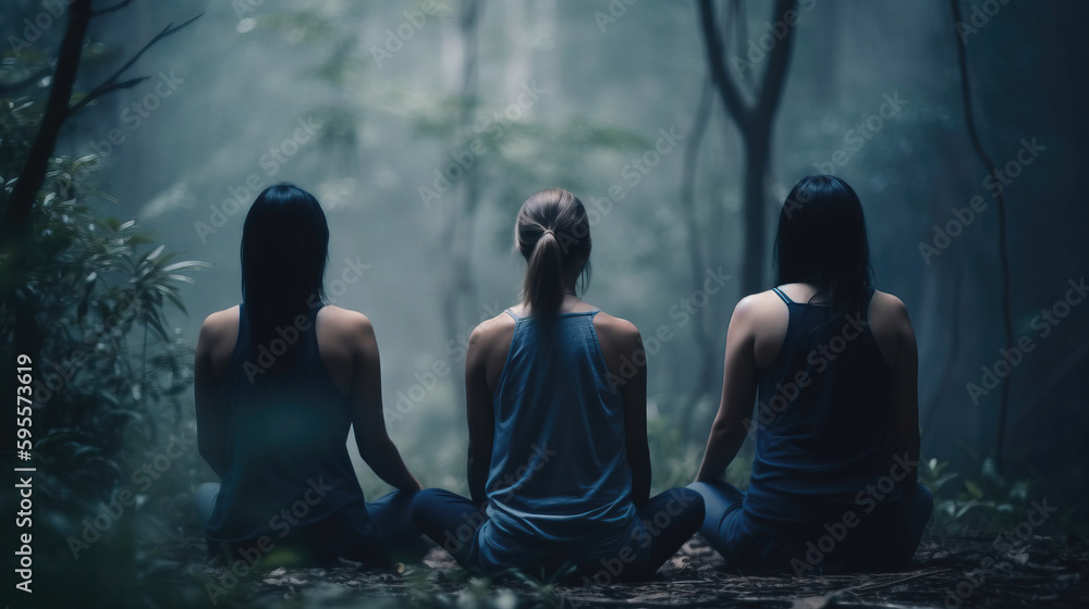 group of womans relaxing and meditating in yoga pose in park. generative AI