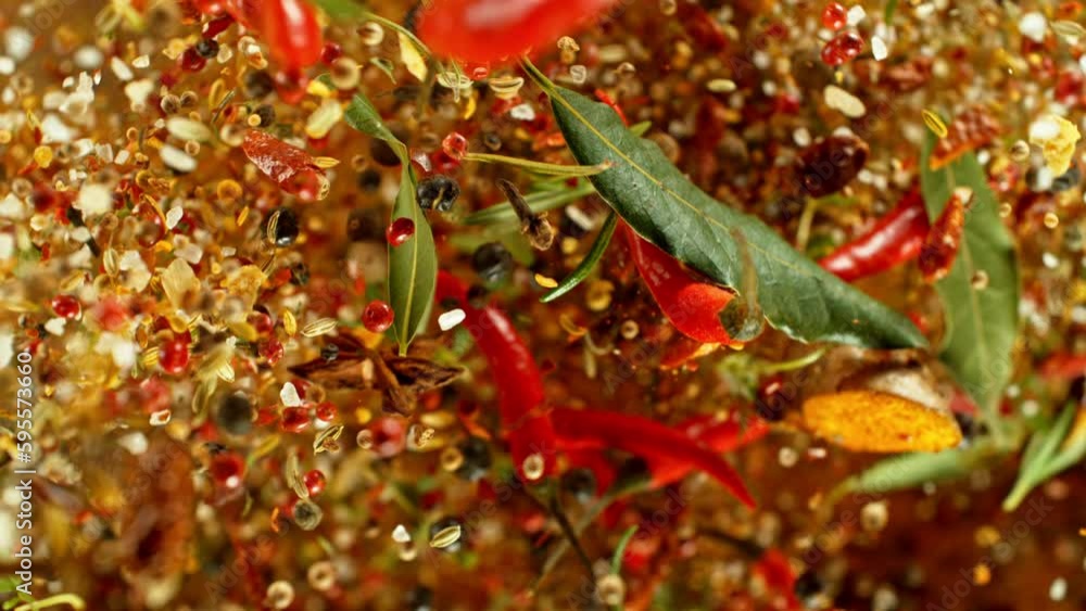 Super slow motion of rotating spices mix on black background. Filmed on high speed cinema camera, 1000 fps, placed on high speed cine bot. Isolated on black background. Speed ramp effect. Super slow motion of rotating spices mix on black background. Filmed on high speed cinema camera, 1000 fps, placed on high speed cine bot. Isolated on black background. Speed ramp effect.