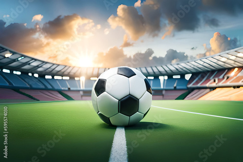 There is a football ball in the middle of a football stadium. It's sunset and a close-up shot.