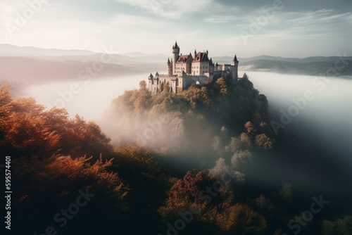 A misty castle in a fantastical landscape with medieval vibes. Generative AI