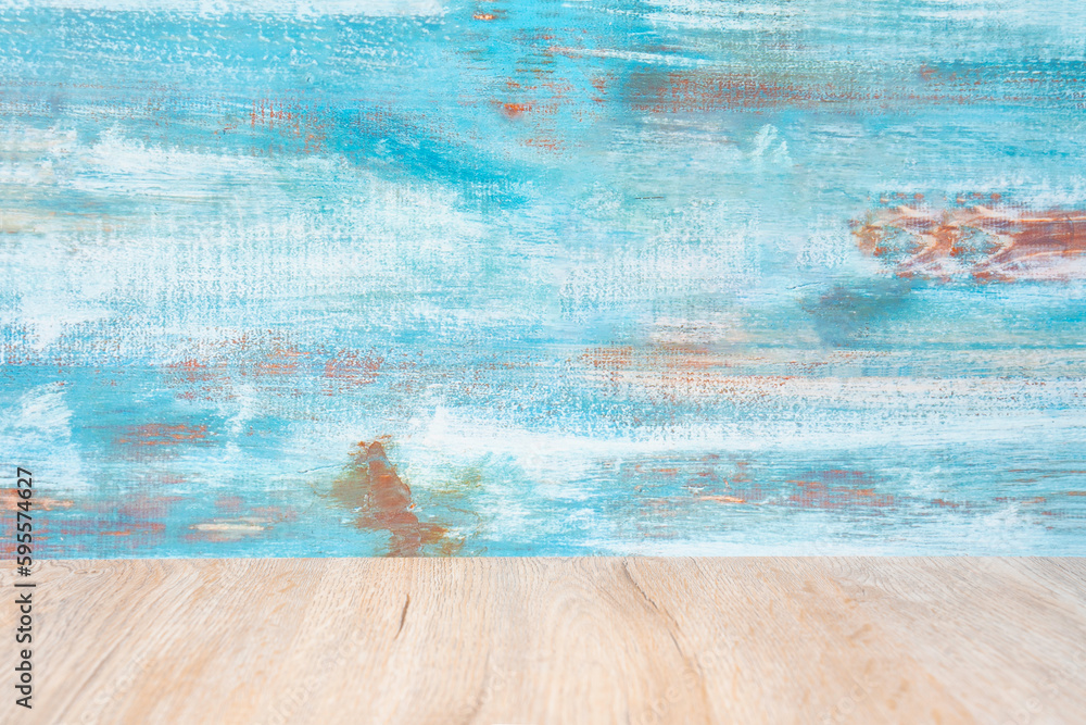 The Wood floor and old blue wooden wall, empty room for background.