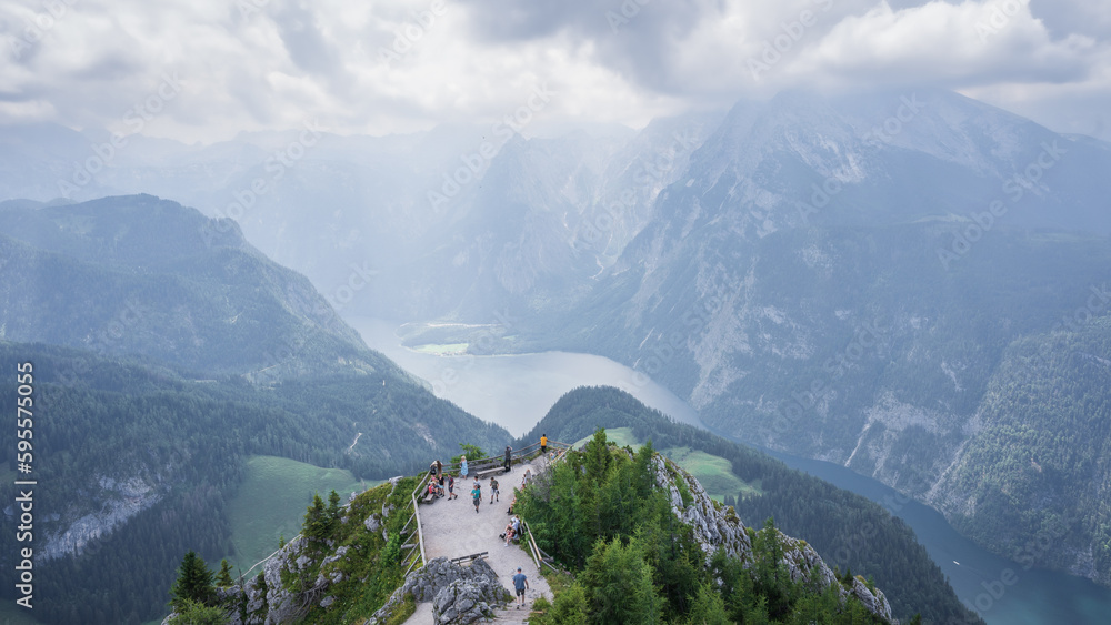 View on beautiful alpine valley with lake from high mountain summit, Jenner, Germany
