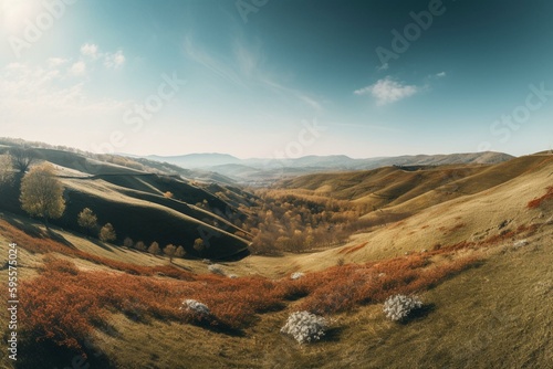 A landscape of rolling hills under a blue sky. Generative AI