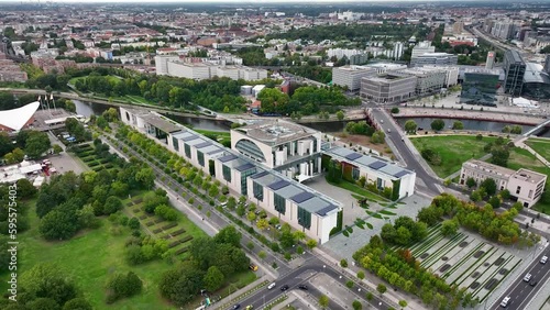 German Chancellery (Bundeskanzleramt)
and Berlin Cityscape at the Background, Germany, Europe. Aerial View 4K Panning Shot, Panorama

