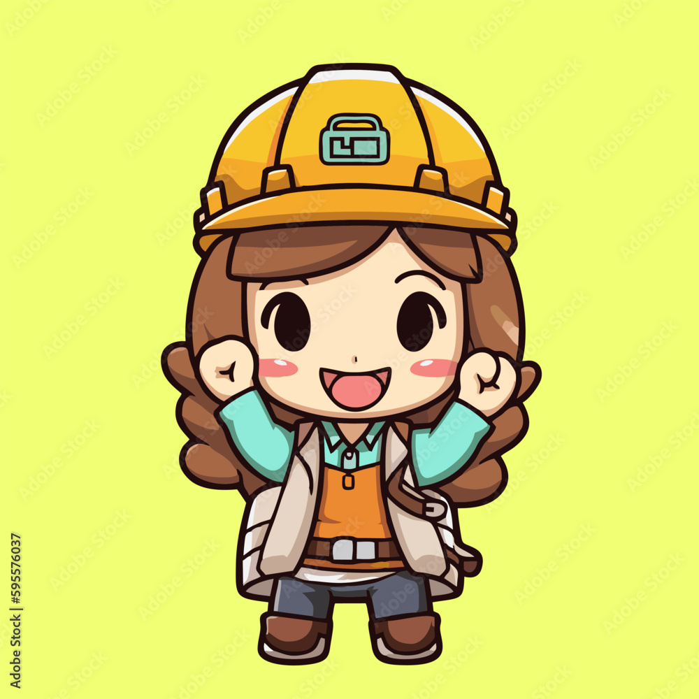 Cute little girl wearing a hard hat. Vector illustration in cartoon style Cute little girl wearing a hard hat. Vector illustration in cartoon style