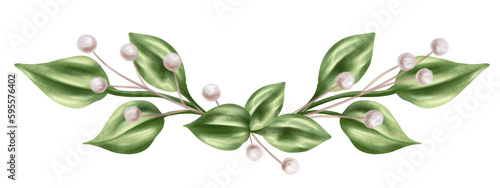 Elegant horizontal composition of green leaves and dried decorative flowers in watercolor style. Digital illustration on a white background. For invitations, date saving, gratitude or greeting card