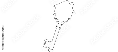 One continuous line. Large old key to the lock. Key in the form of a house. A beautiful key. One continuous line drawn isolated, white background.