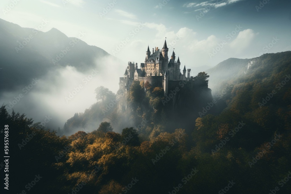 Beautiful castle in the mist, a stunning fantasy artwork with a medieval atmosphere. Generative AI