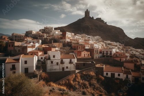 The Spanish town San Bartolomé in the Canary Islands region with a background image. Generative AI photo
