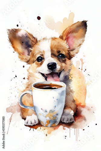 Fotografiet A Whimsical Watercolor of a Cuddly Critter Enjoying a Cozy Cup of Coffee