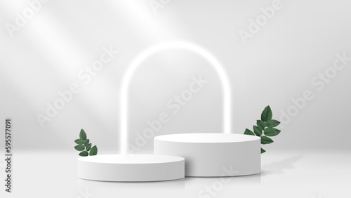 3D minimalist podium or pedestal display on white background with abstract shape light and leaves, modern 3d rendering vector illustration for product display, showcase, mockup,cosmetic,etc.